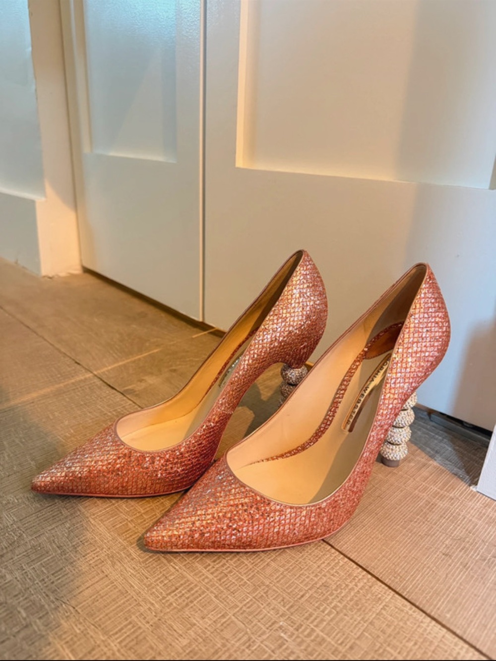 Sophia Webster Rose Pink Textured Pointed-Toe Pumps with Beaded Sculptural Heel